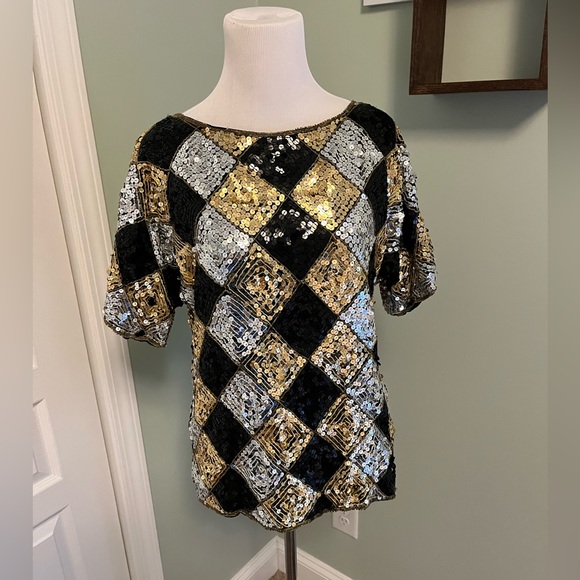 Tops - Vintage Gold Silver Black Sequin Checker Blouse Top Medium